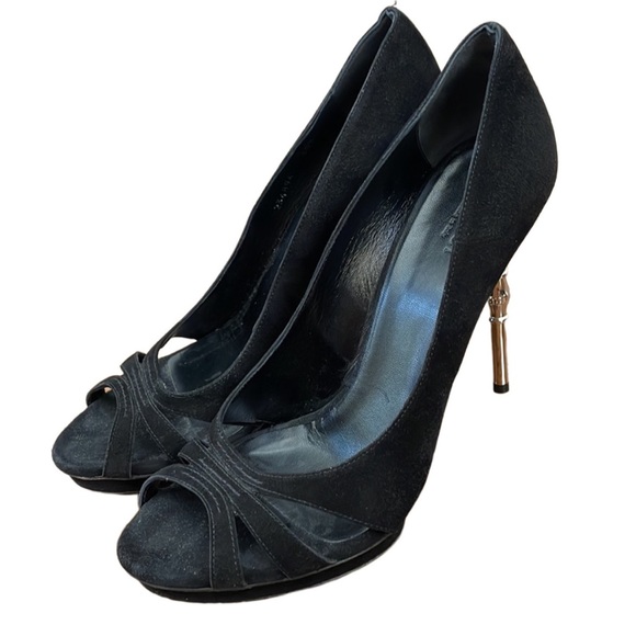 GUCCI Debra Black Suede Open-Toe Platform Pumps with Silver Decorative Heels - Picture 1 of 11